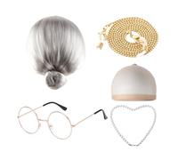 Genérico Disfraz Halloween Niños Conjunto Peluca Abuela Gafas Collar Accesorio Cien Días Escuela Fiesta Cosplay Elegante Infantil Niños Niñas 5 A 12 Años Disfraz Anciana Infantil Regalo Niño