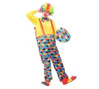 Genérico Disfraz Hombre Gracioso Traje Payaso Circo Peto Tirantes Manga Larga Cuello Ancho Pompones Colores Vivos Ideal Carnaval Actuación Cómica Disfraz Carnaval Hombre Divertido