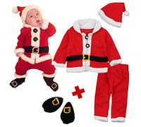 Genérico Disfraz Navidad Bebe, Traje Papa Noel, Disfraces Mono Unisexo Recién Nacido, Mi Primera Navidad, Top + Pantalones + Calcetines de La Bota + Gorro Ropa Navideña Bebé Niñas Y Niños