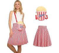 Genérico Disfraz Palomitas Mujer Disfraz de Palomitas de Maíz para Mujer Juego de 3 Piezas con Falda Plisada Stripe Rojas y Bolsa de Palomita de Maíz y Diadema Los Años 50 Carnaval Party Estilo Retro
