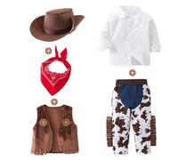 Genérico Disfraz Vaquera Niña Niño Disfraz Ropa de Vaquero para Bebe Cowboy Disfraz con Sombrero Pantalón Chaleco y Pañuelo Disfraces Vaqueros del Oeste Accesorios para Carnaval Cosplay Fiesta