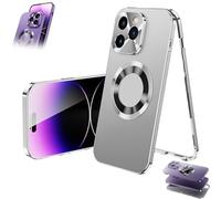 Genérico Double-Sided Magnetic Phone Case, Magnetic Tempered Glass Double Sided for iPhone Case, MetalMagnetic Full-Cover Anti-Fall Mobile Phone Cases (Silver,15 Plus)