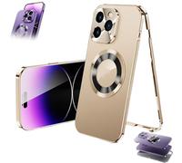 Genérico Double-Sided Magnetic Phone Case, Magnetic Tempered Glass Double Sided for iPhone Case, MetalMagnetic Full-Cover Anti-Fall Mobile Phone Cases (Gold,15 Plus)