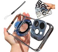 Genérico Double Stand Case Cover for iPhone 16/15/14/13 Pro MAX,Transparent Electroplated Magnetic Protective Case with Folding Stand (For iPhone 16 Plus,Blue)