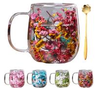 Genérico Double Transparent Glass Flower Tea Cup,Insulated Layer Dried Flower Coffee Cups with Handle,Creative Clear Heat Resistant Flowers Cup for Unique Gift Idea,Tea Milk Hot Cold Drinkers (Rose)