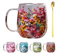 Genérico Double Transparent Glass Flower Tea Cup,Insulated Layer Dried Flower Coffee Cups with Handle,Creative Clear Heat Resistant Flowers Cup for Tea Milk Hot Cold Drinkers,Unique Gift Idea (Rose)