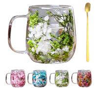 Genérico Double Transparent Glass Flower Tea Cup,Insulated Layer Dried Flower Coffee Cups with Handle,Creative Clear Heat Resistant Flowers Cup for Tea Milk Hot Cold Drinkers,Unique Gift Idea (Green)