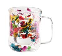 Genérico Double Wall Glass Coffee Mugs, Glass 400ml Clear Tea Cups with Handle, Floral Design Cups with Dried Flowers for Women, Insulated Drinkware, 9.1x11.5x6.2cm