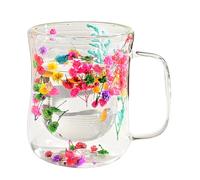 Genérico Double Wall Glass Coffee Mugs, Glass 400ml Clear Tea Cups with Handle, Floral Design Cups with Dried Flowers for Women, Insulated Drinkware, 9.1x11.5x6.2cm