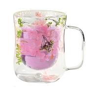 Genérico Double Wall Glass Coffee Mugs, Glass 400ml Clear Tea Cups with Handle, Floral Design Cups with Dried Flowers for Women, Insulated Drinkware, 9.1x11.5x6.2cm