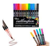Genérico Dreamy Sparkle Dual-Line Contour Pen, Double Line Outline Art Pen, 12/24/36/48 Colors Self-Outline Metallic Markers Glitter Writing Drawing Pens for Art and DIY (12 Colors)