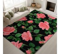 Genérico Durable Alfombra Vintage Romántica Suave Tapiss Country Cottage Rústico no pierde sus pelos rosados hojas verdes negro alfombra 60 x 90 cm pasillo entrada