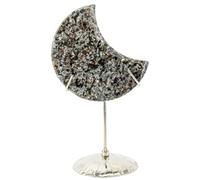 Genérico Earthy Green Moss Agate Moon on Stand, Alloy Sphere Display Holder, Moon Shaped Small Crystal Display Stand for Home Office Desk Decoration