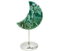 Genérico Earthy Green Moss Agate Moon on Stand, Alloy Sphere Display Holder, Moon Shaped Small Crystal Display Stand for Home Office Desk Decoration