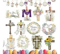 Generico Easter Small Tree Ornaments Christian - 24pcs Wooden Hanging Bunny Cross Pendants | Religious Easter Decorations Party Supplies Mini Tree Ornaments Spiritual Home Decor