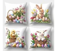 Genérico Easter Throw Pillow Covers Set of 4,Happy Easter Cushion Case, Spring Easter Eggs Watercolor Flower Square Throw Pillow Case Decorative Sofa Cushion for Holiday with Invisible Zipper (#02)