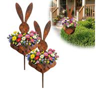 Genérico Easter Vintage Metal Rabbit Shaped Planter Garden Stake, Rustic Bunny Silhouette Garden Decor with Patina Finish for Small Flowers, Yard, Lawn & Spring Outdoor Displays (2Pcs)