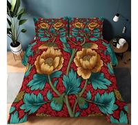 Genérico Edredón 4 Estaciones William Morris Floral Hoja Arte, Edredón Nórdico Reversible Rojo Sin Funda Suave Ligero - Juego de Cama Lavable a Máquina 220 x 240 cm + 2 Fundas de Almohada