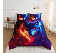 Genérico Edredon Cama 135/150 Llamas Rojas y Azules, Edredón Nórdico 4 Estaciones 240x220cm, Colcha Transpirable de Microfibra Lavable Cabeza de Lobo Entre el Humo, 2 Fundas de Almohada sm203