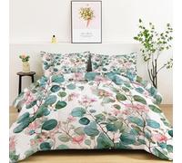 Genérico Edredón Comforter 135 x 200 cm Estilo Campestre Hojas De Eucalipto Flores Edredon Estampado con Relleno de Fibra, Nórdico Invierno Suave, Ligero, Reversible y Transpirable, Verde