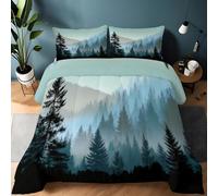 Genérico Edredón Comforter 135 x 200 cm Montañas Pintorescas con Bosques De Pinos Edredon Estampado con Relleno de Fibra, Nórdico Invierno Suave, Ligero, Reversible y Transpirable, Azul Grisáceo