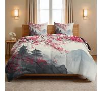Genérico - Edredón de 200 x 200 cm, tinta china, edredón de 4 estaciones, lavable, para 2 personas, diseño de flores, montañas, ramas, pabellón sin fundas, suave y ligero y 2 fundas de almohada de 65