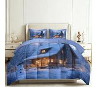 Genérico Edredón Estampado 150x200cm Pinos Cabaña Muñeco De Nieve Nórdico Relleno Cama Algodón, Edredón Reversible para 4 Estaciones, Duvet Algodón Cálido Comodo Ligero con 2 Fundas
