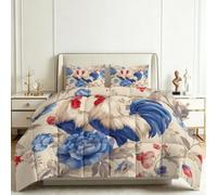 Genérico Edredón Estampado 180x220cm Peonía Gallo Nórdico Relleno Cama Algodón, Edredón Reversible para 4 Estaciones, Duvet Algodón Cálido Comodo Ligero con 2 Fundas