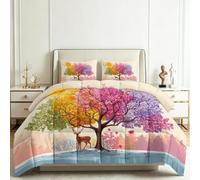 Genérico Edredón Estampado 220x240cm Árboles Floridos Coloridos Alces Nórdico Relleno Cama Algodón, Edredón Reversible para 4 Estaciones, Duvet Algodón Cálido Comodo Ligero con 2 Fundas