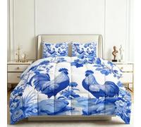 Genérico Edredón Estampado 240x260cm Gallo Azul Flores Nórdico Relleno Cama Algodón, Edredón Reversible para 4 Estaciones, Duvet Algodón Cálido Comodo Ligero con 2 Fundas