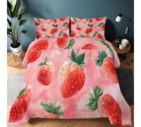 Genérico Edredón Fruta Estampado 200 x 200 cm con 2 Fundas de Almohada, Edredón Fresa De Acuarela Rosa Cálido y Suave Reversible Adecuado para Cualquier Temporada
