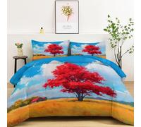 Genérico Edredón Microfibra Campos De Otoño Arces Rojos 4 Estaciones Edredónes Acolchado, Azul Suave Ligera 220 x 240 cm Edredones Pintura Al Óleo Reversible Edredón Acolchado Sin Funda