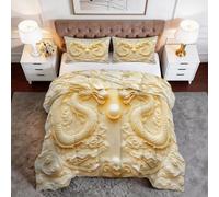 Genérico Edredón Nórdico 180 x 220 cm Estilo Oriental Animales Dragón Trapunta con Acolchado en Rombos, Microfibra Premium 4 Estaciones - Antiapelmazamiento, Set de Cama 3 Piezas, Amarillo