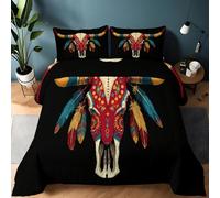 Genérico Edredon Nordico 220 x 240 cm con 2 Fundas de Almohada 50 x 75 cm, Edredón Reversible Suave de 4 Estaciones Tradicional Animal Vaca Indio - Juego de Cama Estampado Negro