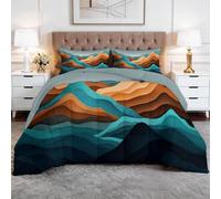 Genérico Edredón Nórdico 220 x 240 cm Paisaje Montañas Líneas Trapunta con Acolchado en Rombos, Microfibra Premium 4 Estaciones - Antiapelmazamiento, Set de Cama 3 Piezas, Azul Anaranjado