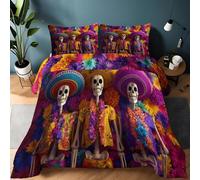 Genérico Edredón nórdico de Microfibra 135 x 200 cm Estilo Mexicano Calavera Flores Relleno nórdico 4 Estaciones con 2 Fundas de Almohada - Ultra Suave edredón para Niños niñas, Color