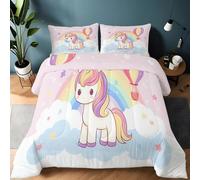 Genérico Edredón nórdico de Microfibra 200 x 200 cm Animados Unicornios Arcoíris Globos Aerostáticos Relleno nórdico 4 Estaciones con 2 Fundas de Almohada - Ultra Suave edredón para Niños niñas, Rosa