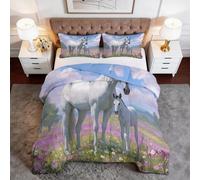 Genérico Edredón Reversible Cama 180 sin Funda Azul Polvo, Edredón Nórdico 4 Estaciones Suave y Acogedor Ensueño Rural Animales Caballo Marfil - Juego de Cama Acolchado Ligero Lavable 240 x 260 cm