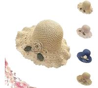 Genérico Elegant Crochet Straw Hat with Ruffle Detail Womens Summer Beach Straw Cap Foldable UV Protection Hand-Woven Sun Hat (Beige)