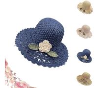 Genérico Elegant Crochet Straw Hat with Ruffle Detail Womens Summer Beach Straw Cap Foldable UV Protection Hand-Woven Sun Hat (Navy)
