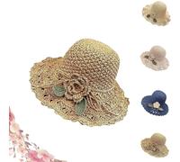 Genérico Elegant Crochet Straw Hat with Ruffle Detail Womens Summer Beach Straw Cap Foldable UV Protection Hand-Woven Sun Hat (Khaki)
