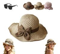 Genérico Elegant Woven Straw Sun Hat with Bow, with Ruffled Bow - Foldable & Packable French Bucket Sun Hat for Travel, Gardening & Tea Party (Beige)
