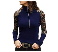 Genérico Elegante Blusa Femenina con Detalles de Encaje y Cremallera para un Estilo Moderno y Atractivo en Tu Vestuario Diario (Blue, S)