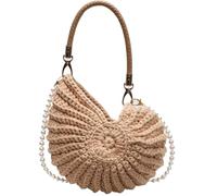 Genérico Elegante Clutch Boho de Crochet - Bolso de Playa Artesanal de Conchas y Cuentas con Perla y Correa de Cuero (Khaki)