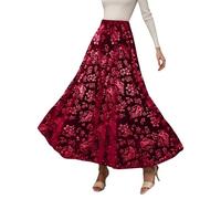 Genérico Elegante Falda Larga de Terciopelo Floral para Invierno con Dobladillo Acampanado y Lujoso diseño de Tela Suave y Texturizada. (Red, M)