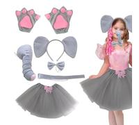 Genérico Elephant Costume Set - 6 Piece Grey Tutu Kit | Plush Elephant Ears | Headband Nose Tail Bowtie Paws, Comfortable Kids Animal Fancy Dress Cosplay Accessories For Girls Halloween Birthday Party