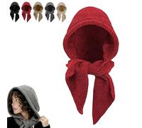 Genérico Embellished Knit Bonnet, 2-in-1 Women Winter Knitted Hooded Hat Scarf, Balaclava Pullover Long Shawl Wrap for Women (Red)