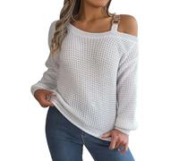 Genérico erseys Mujer inos Suéter Casual con Hebilla de para Mujer, otoño/Invierno, Empalmado con Mangas y Hombros Descubiertos erseys NavideñOs (White, S)