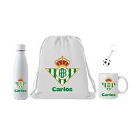 Genérico Escudo Real Betis - Personalizado con Nombre - Regalo Real Betis para los Fans de Futbol - Mochila+ botella700ML + Taza cerámica350ML - Llavero Pelota (Escudo Real Betis)