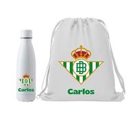 Genérico Escudo Real Betis - Personalizado con Nombre - Regalo Real Betis para los Fans de Futbol - Packs Regalo - (Escudo Real Betis) (Botella + Mochila)